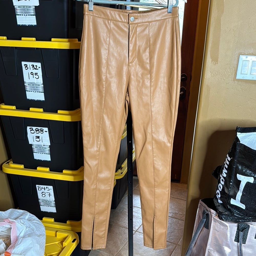 PrettyLittleThing Camel Faux Leather Split Hem Skinny Pants Size 8 - Picture 3 of 9